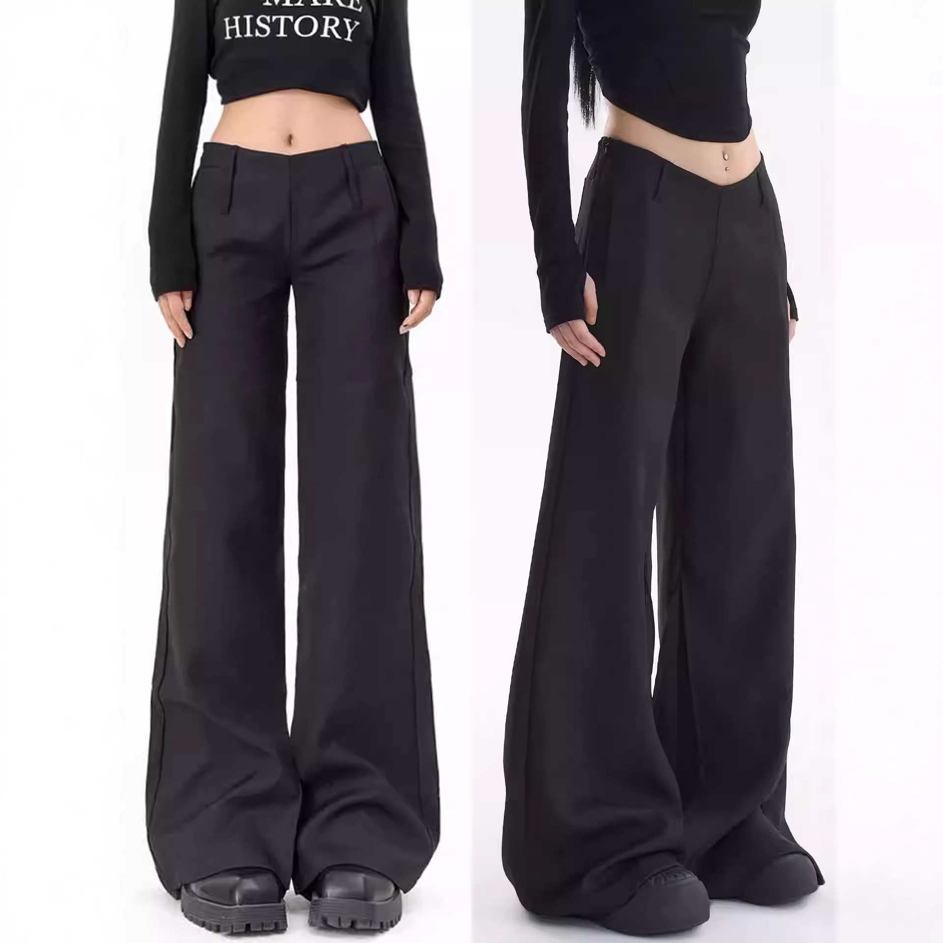 Tailored Trouser Wide - 春の婦人服 ローウエスト スリミング テーラードトラウザーズ レディース ワイドレッグ