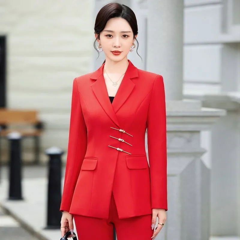 Women Formal Wear Blazer Set - 女性用2ピースフォーマルブレザー,ジャケットとパンツスーツ,作業服,オフィスウェア,白,赤,黒,ファッショナブル,2022