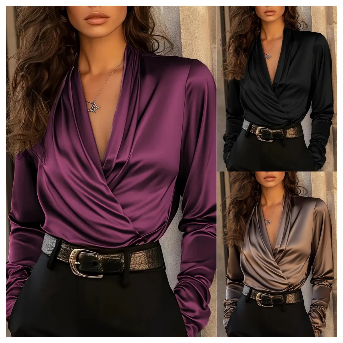 Women Formal Office Wear Tops - レディース サテン ラップ Vネック 長袖ブラウス シックで成熟したスタイル