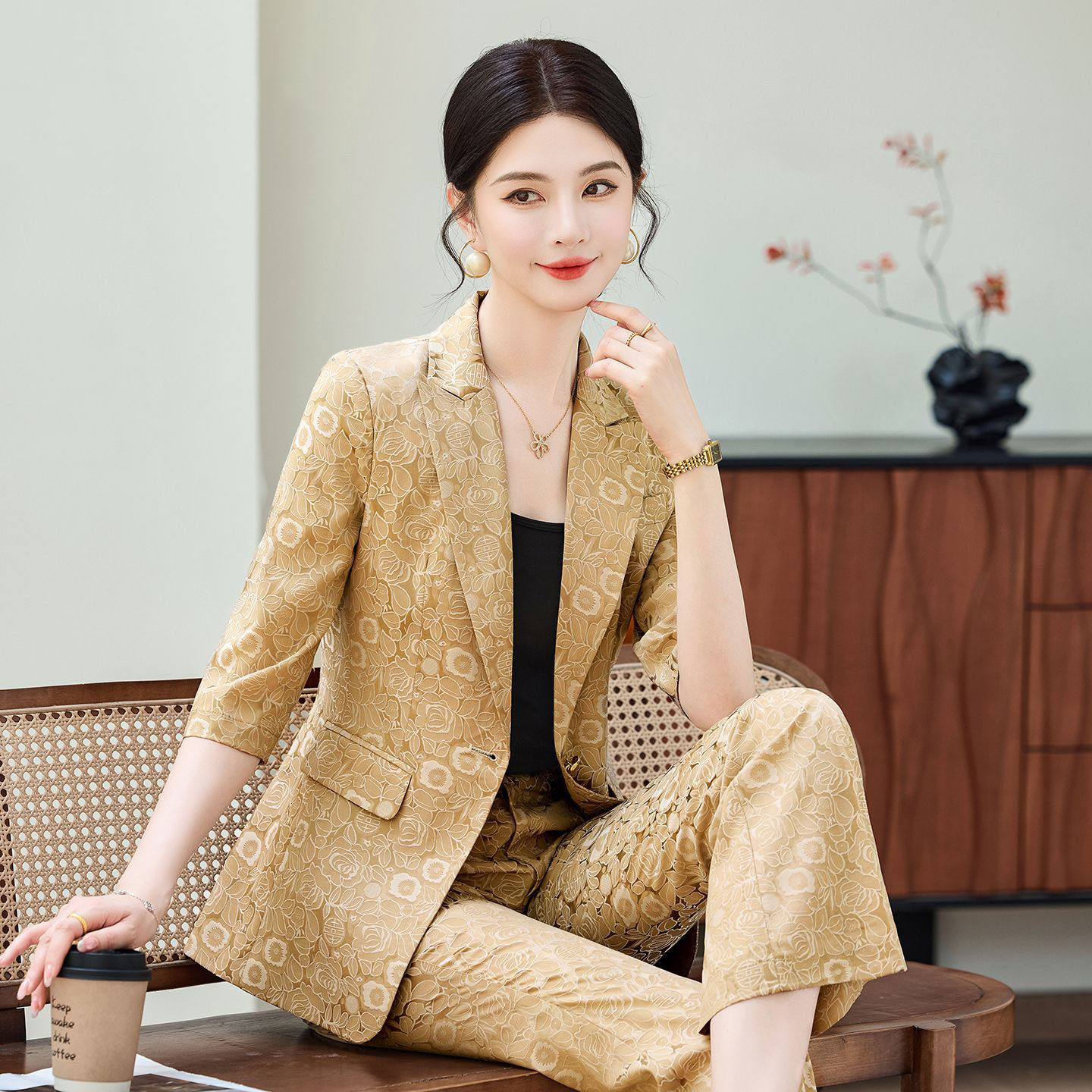 Women'S Formal Wear Pants Suit - ファッションアプリコットハーフスリーブプロフェッショナルスーツ女性新2026夏エレガントフォーマルスリムブレザーとパンツオフィスレディースワークウェア
