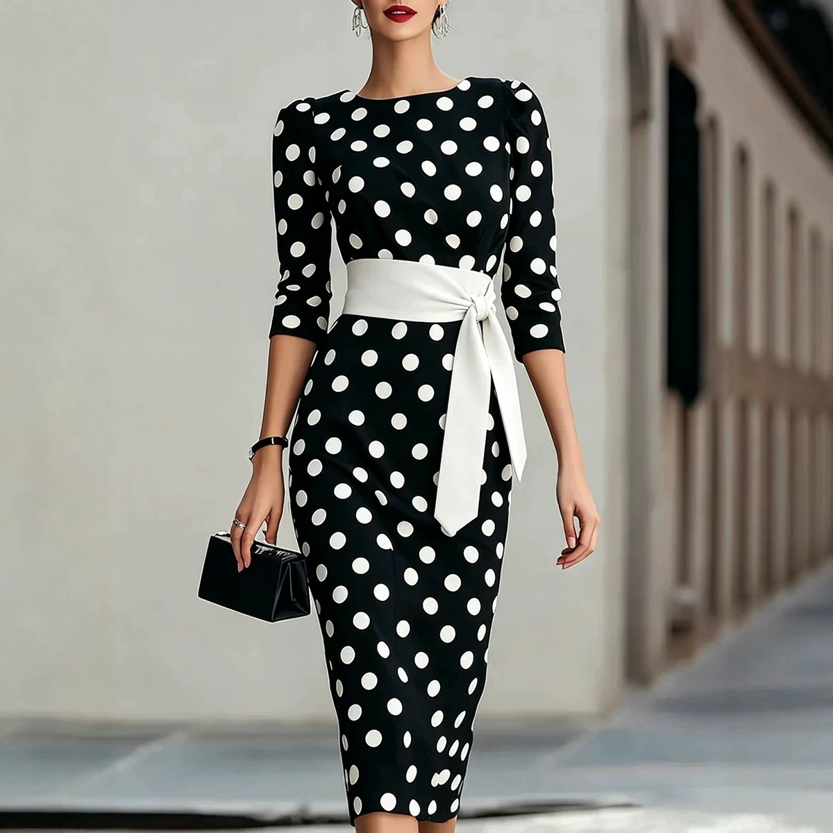 Women Formal Office Wear Tops - 女性用エレガントな黒白ポルカドット柄ミディ丈ワンピース、ウエストベルト付き、七分袖、Oネック、ペンシルボディコン、フォーマル、仕事、オフィス、パーティー向けドレス