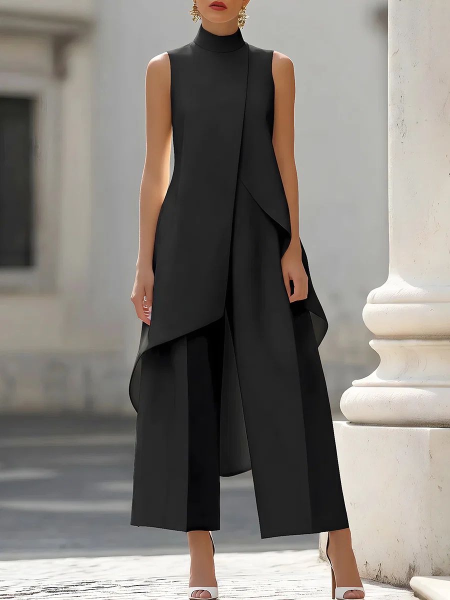 Women Formal Wear Office - ノースリーブハイネックアシンメトリーレイヤードワイドレッグジャンプスーツ レディース エレガントフォーマルイブニングウェア