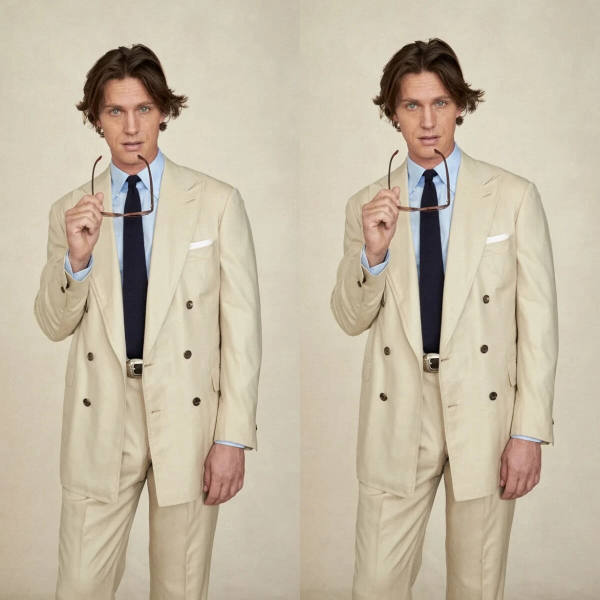 Tailored Trouser Wide - ベージュワイドピークドラペルダブルブレストメンズツーピーススーツテーラードフィットフォーマルジャケットトラウザーズビジネスオフィスカスタムメイド衣装