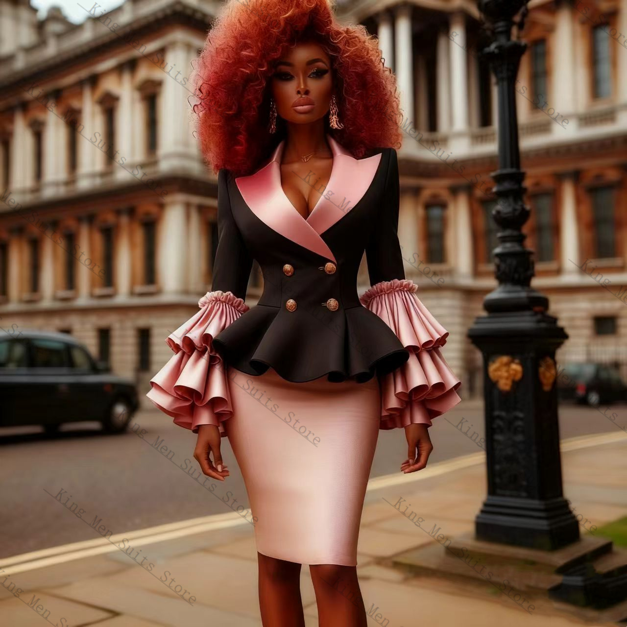 Women Formal Wear Blazer Set - ブラックピンク女性スーツセット 2 個ブレザー + ショートミニウエディングドレスフリル袖カスタマイズされたフォーマルゲスト結婚式タキシードコートジャケット