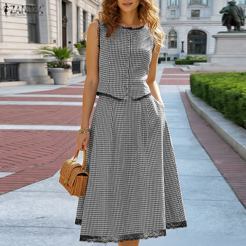 Shift Dress Sleeveless - エレガントな女性 2 ピースセット ZANZEA 夏ノースリーブチェック柄パッチワークベストトップスドレスセットスタイリッシュな OL
