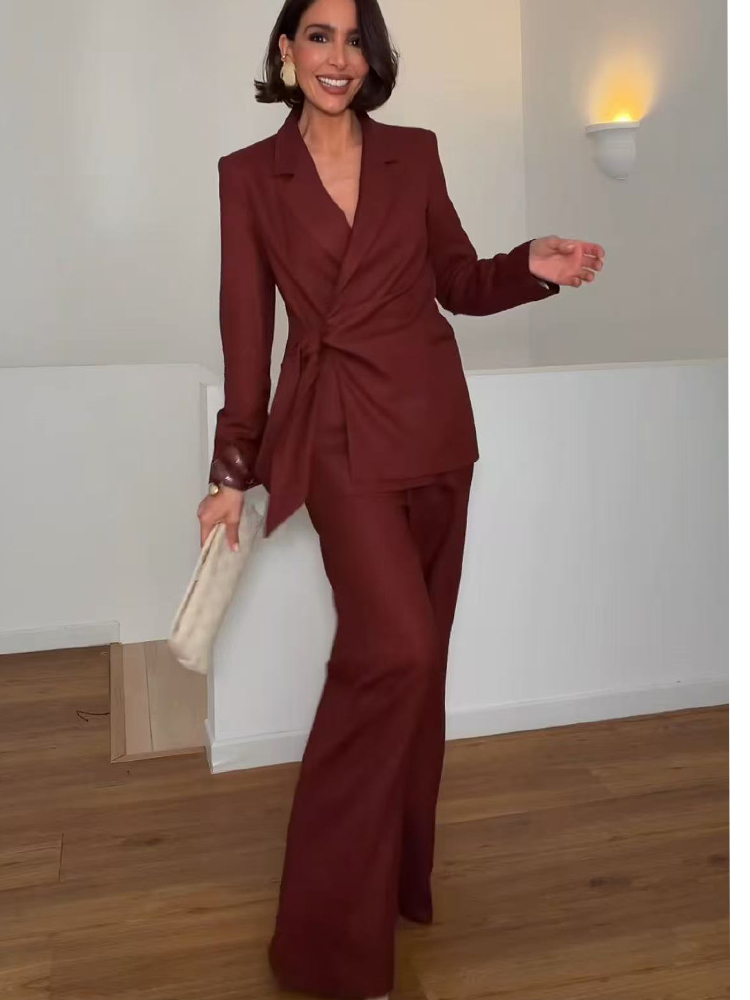 Women'S Formal Wear Pants Suit - ファッションオフィスレディースブレザーパンツスーツエレガントフォーマルスリムレースアップジャケットストレートトラウザーレディ通勤着用2ピースセット