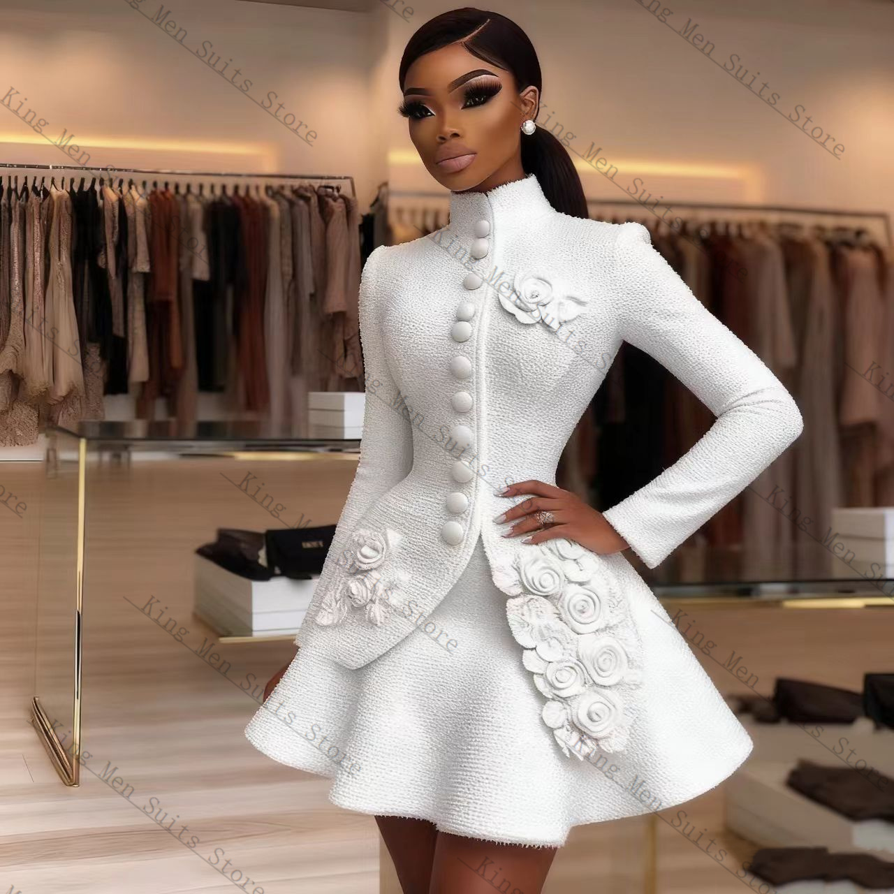 Women Formal Wear Blazer Set - 高級白人女性スーツセット 2 個ブレザー + ショートミニウエディングドレス 3D