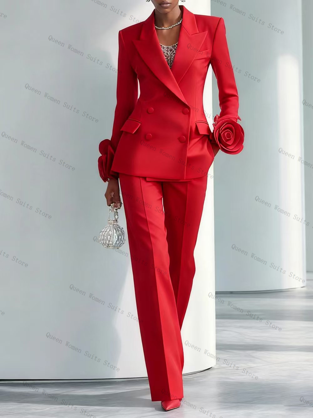 Women Formal Wear Blazer Set - 高級レッド女性スーツセット 2 個ブレザー + パンツズボン 3D