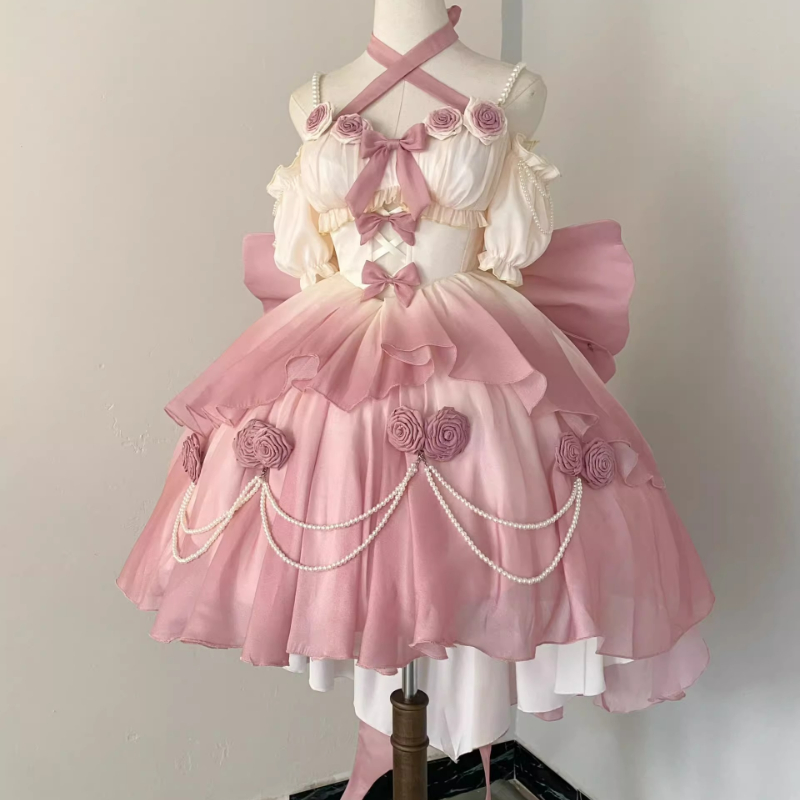 Victorian Women'S Formal Wear - 女性のためのレトロなビクトリア朝のロリータドレス,エレガントなリボン,パールチェーン,フリル,バラの花のドレス,カワイイ,グラデーション,ピンクのプリンセスドレス