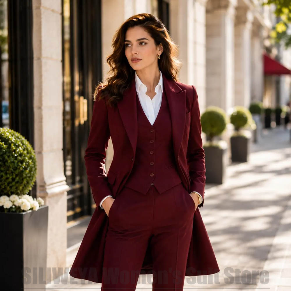 Women'S Formal Wear Pants Suit - ファッショナブルな女性用3ピーススーツ、エレガントなピークドラペル、シングルブレスト、ロングブレザー、ベスト、パンツ、フォーマル、オフィス、カジュアル、パーティー向けの服装