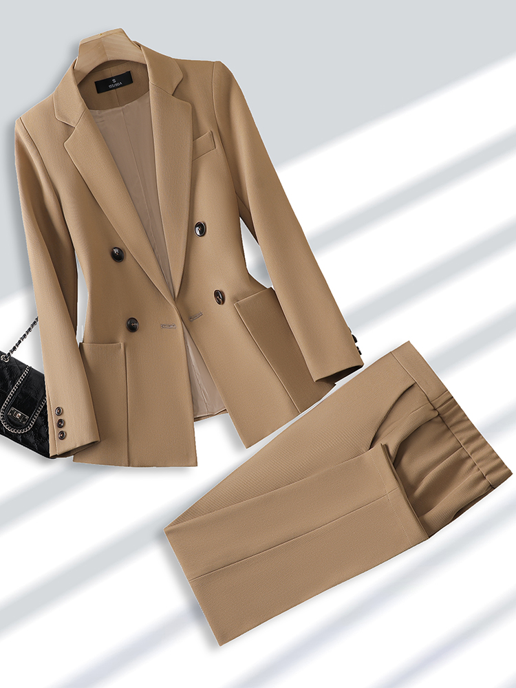 Women'S Formal Wear Pants Suit - 女性のためのブレザーとズボンのスーツ、オフィス、ビジネス、仕事のためのフォーマルなパンツスーツ、女性のファッション、ベージュ、黒、カーキ、ポケット付き2ピースセット