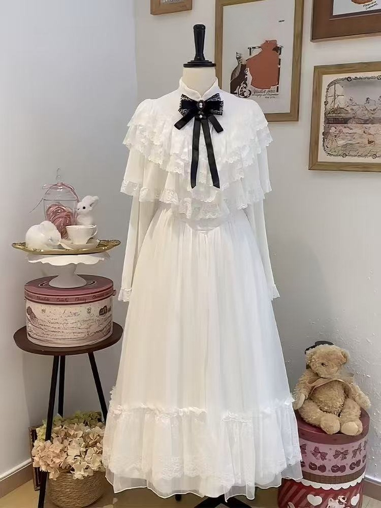 Formal Women'S Wear - 半袖リボンレースドレス ホワイト スリム マキシスカート スイートスタイル 2025