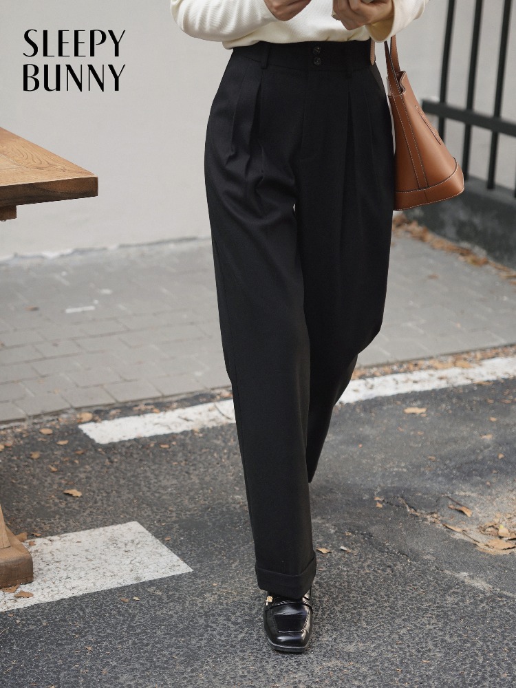 Tailored Trouser Wide - ハイウエストウール風パンツ レディース 厚手 暖かい ワイドレッグパンツ エレガント