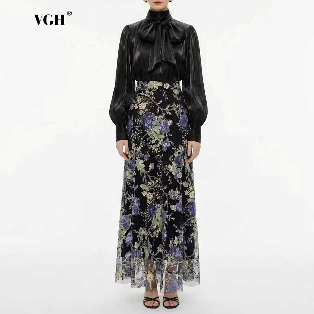 Formal Women'S Wear - VGH エレガントシック ブラックフローラル ツーピースセット レディース スカーフカラー
