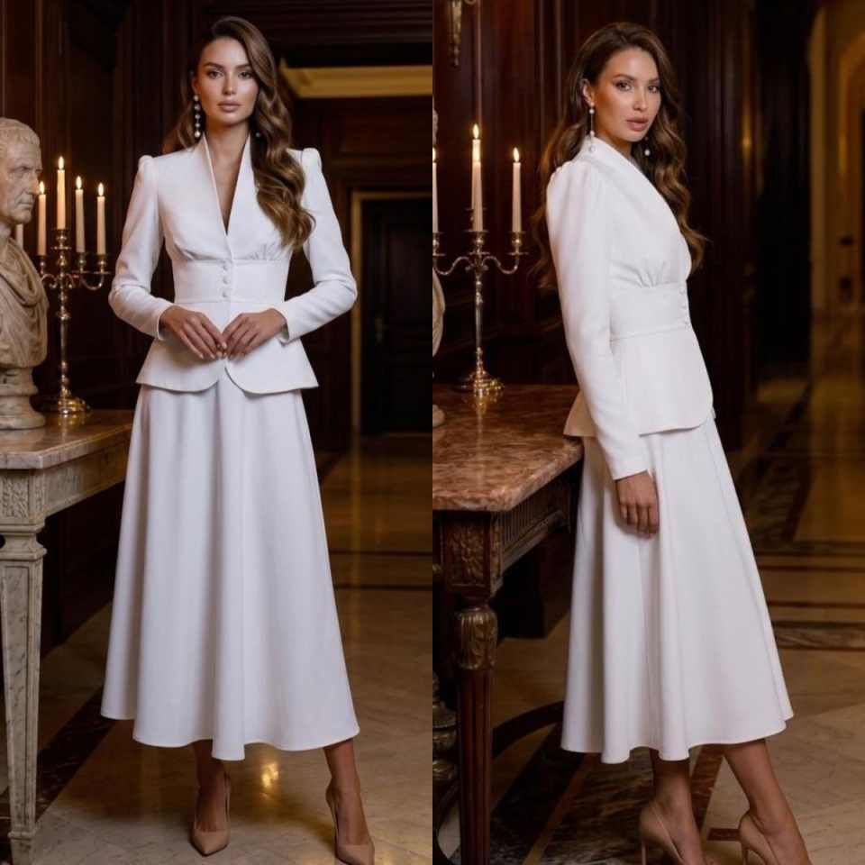 Women Formal Wear Blazer Set - エレガントなツーピース女性スーツセットピークドラペルブレザーミディフレアスカートフォーマル教会ビジネスドレス Vestido De Fiesta カスタマイズ