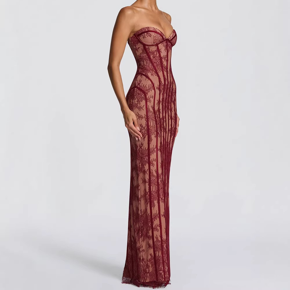 Formal Women'S Wear - ストラップレスボディコンマキシドレス レディース 2026 ストライプ柄 バックレス エレガント