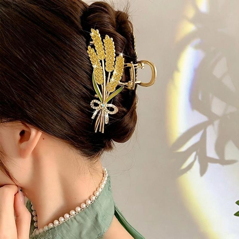 Women Formal Wear Designers - 合金製小麦デザインヘアクロウクリップ、輝くラインストーン付き、強力なホールド力、普段使い、パーティー、結婚式、フォーマルな場面に最適