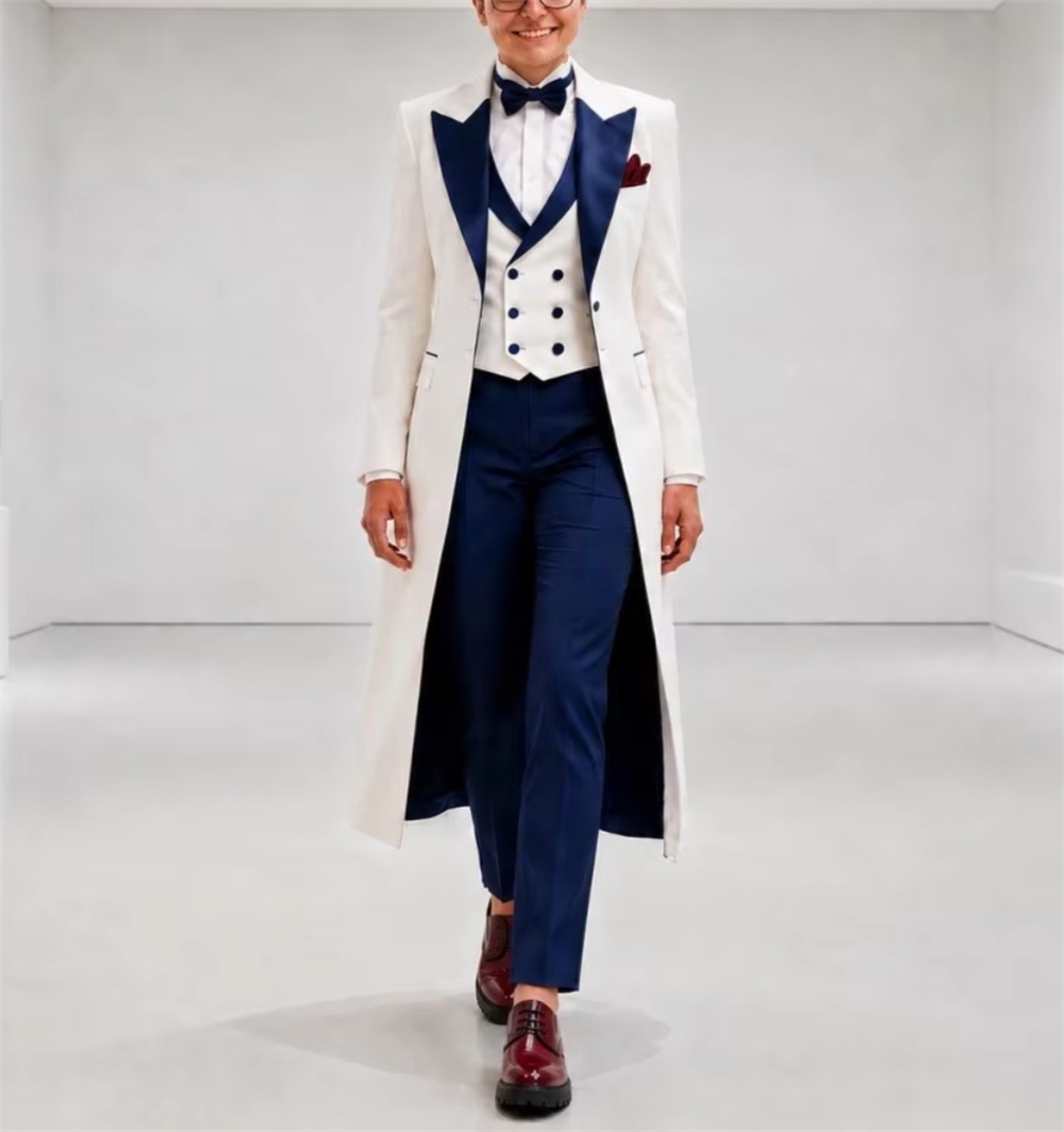 Women Formal Wear Office - ネイビーブルーとホワイトのレディースジャケットスーツ エレガントなテーラードオフィスウェア 結婚式ゲスト用衣装 レディースブレザー（ジャケットのみ）