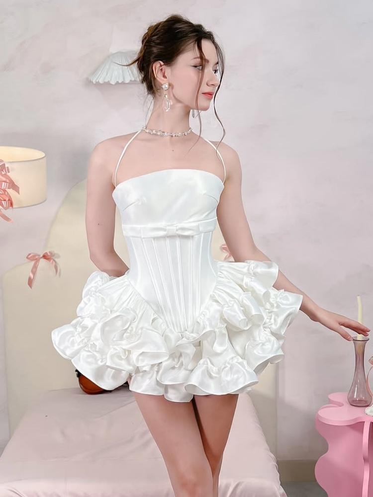 Shift Dress Sleeveless - Women Pink White Lace-up Dress Two