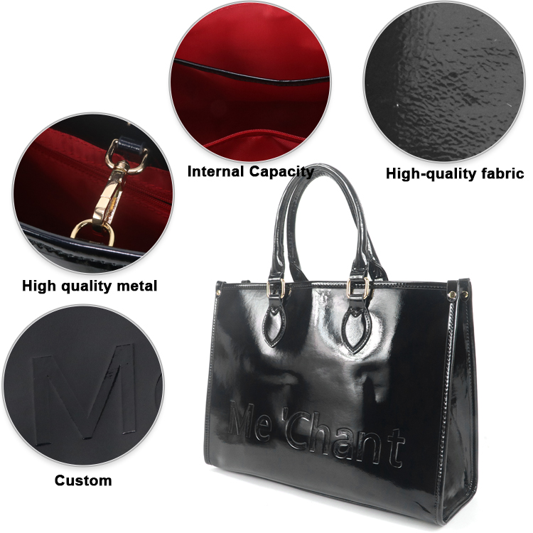女性用黒光沢パテントPUレザートートバッグ、構造化トップハン - Structured Handbag Work のレビューと価格