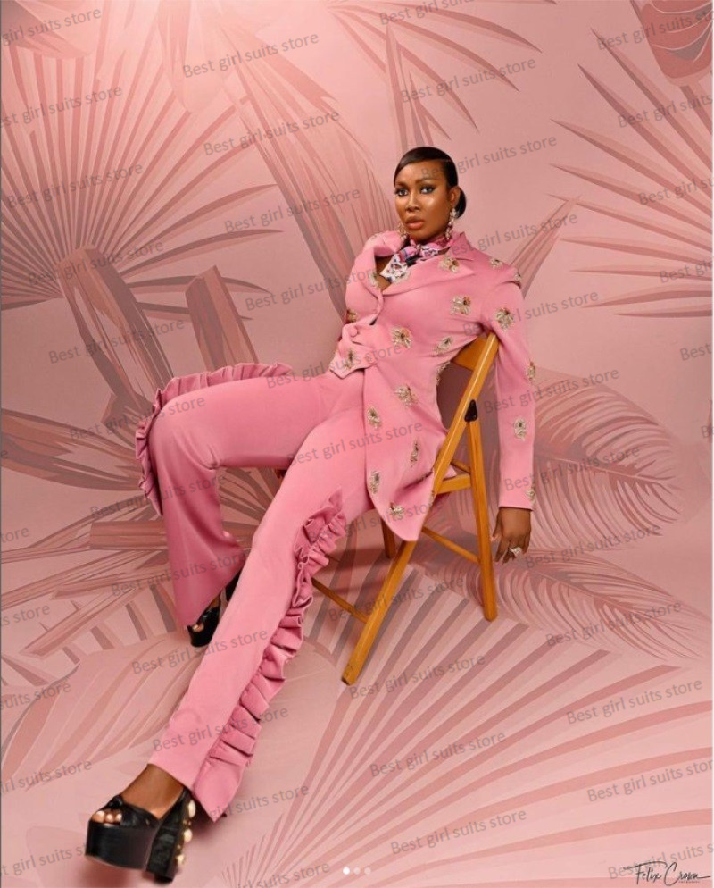 女性のためのピンクのウェディングスーツ,ストレートパンツ,2 - Women Formal Wear Blazer Set のレビューと価格