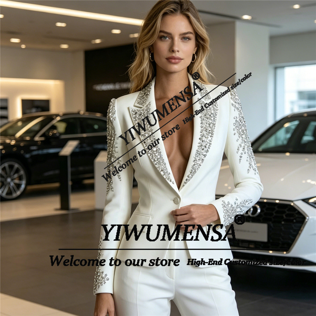 高級女性スーツ 2 ピースセットクリスタルビーズプロムブレザ - Women'S Formal Wear Pants Suit のレビューと価格