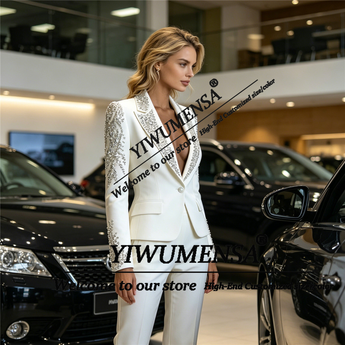 高級女性スーツ 2 ピースセットクリスタルビーズプロムブレザ - Women'S Formal Wear Pants Suit のレビューと価格