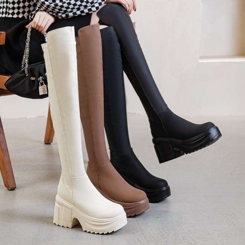 レディースニーハイ厚底ワイドヒールブーツ本革ブラックラウンド - Formal Women'S Wear のレビューと価格
