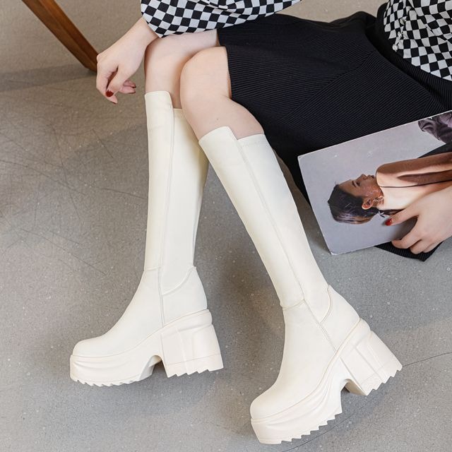 レディースニーハイ厚底ワイドヒールブーツ本革ブラックラウンド - Formal Women'S Wear のレビューと価格
