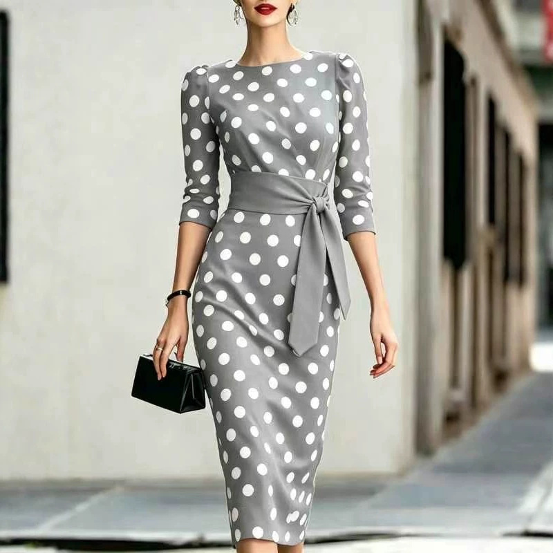 女性用エレガントな黒白ポルカドット柄ミディ丈ワンピース、ウエ - Women Formal Office Wear Tops のレビューと価格