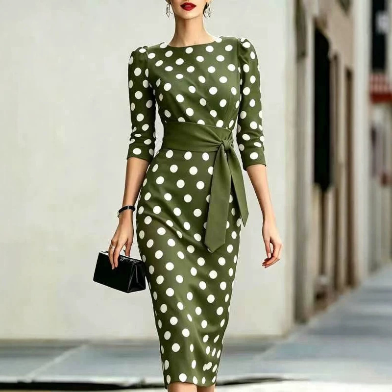 女性用エレガントな黒白ポルカドット柄ミディ丈ワンピース、ウエ - Women Formal Office Wear Tops のレビューと価格