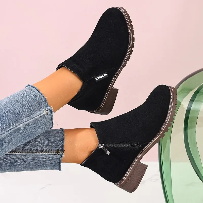 女性秋冬アンクルブーツサイドジッパーチャンキーヒール快適ファ - Formal Women'S Wear のレビューと価格