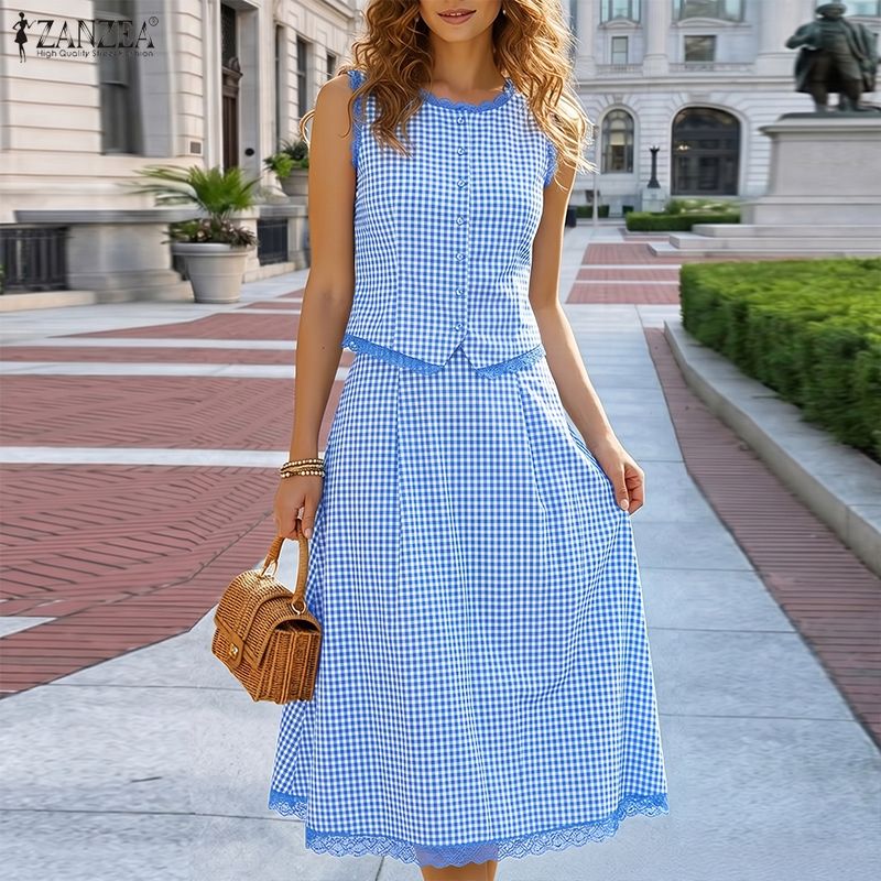 エレガントな女性 2 ピースセット ZANZEA 夏ノースリ - Shift Dress Sleeveless のレビューと価格