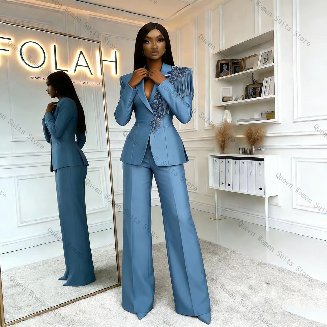 タッセルブルー女性スーツパンツセット 2 個ブレザー + パ - Women Formal Wear Blazer Set のレビューと価格