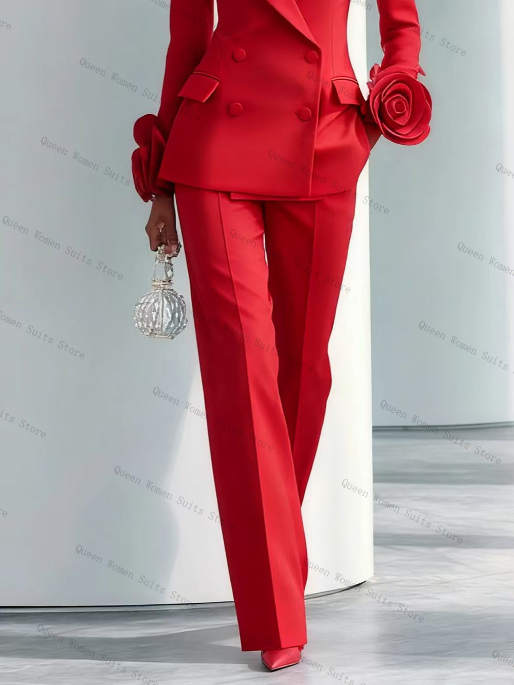 高級レッド女性スーツセット 2 個ブレザー + パンツズボン - Women Formal Wear Blazer Set のレビューと価格