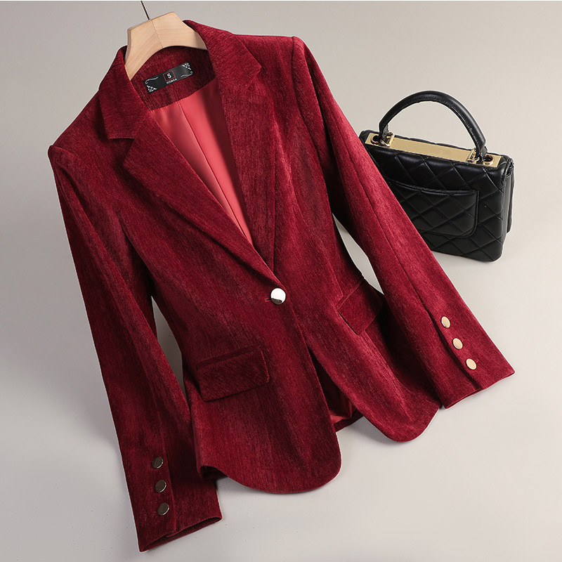 イエローゴールドベルベットブレザー女性秋冬カジュアルスーツフ - Women Formal Wear Office のレビューと価格