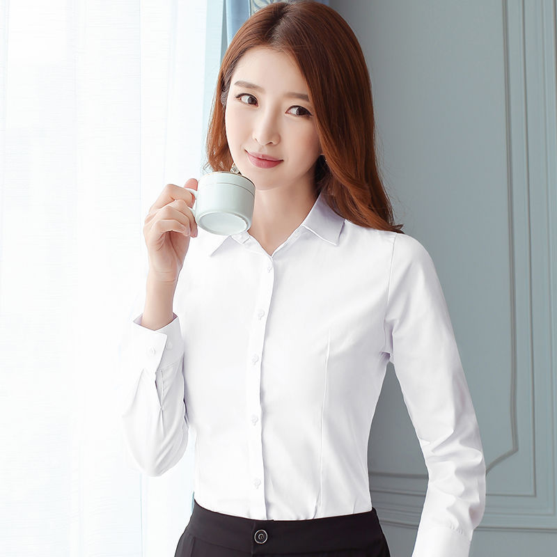 韓国スリムブラックホワイトブラウス女性長袖ワークシャツオフィ - Women Formal Wear Office のレビューと価格