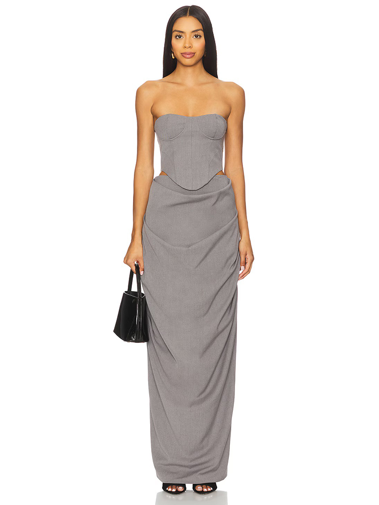 グレーのオフショルダーコルセットルーシュードドレスセット20 - Shift Dress Sleeveless のレビューと価格