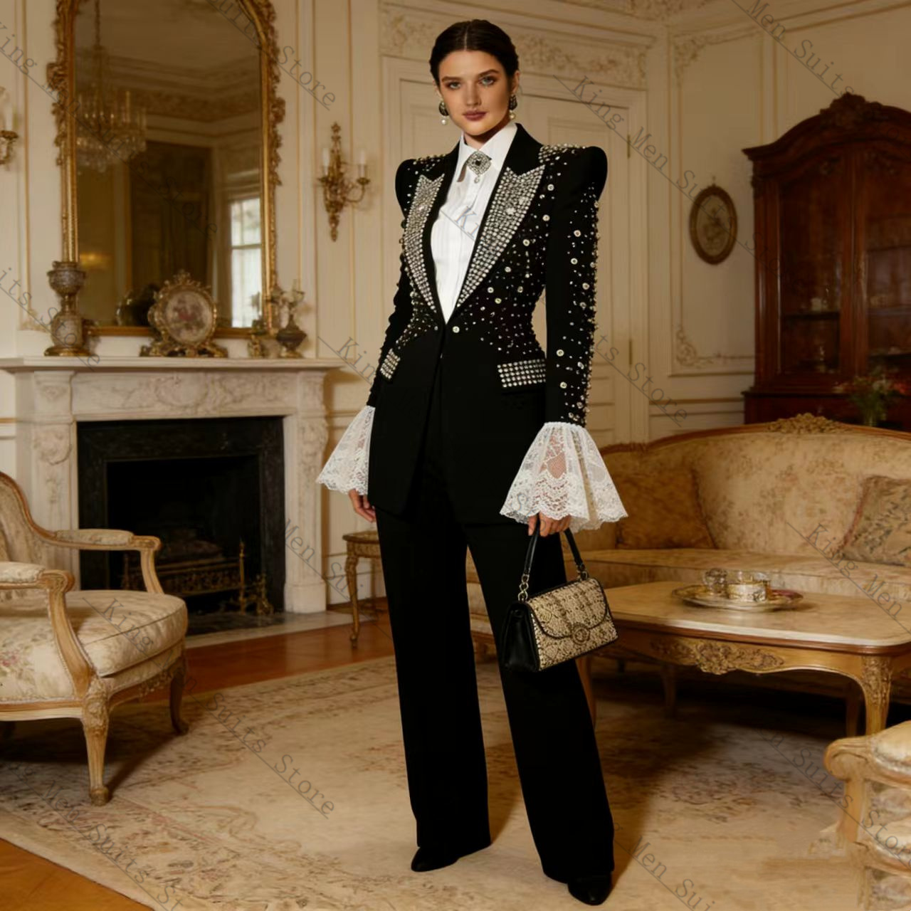 クリスタルブラック女性スーツセット 2 個ブレザー + パン - Women Formal Wear Blazer Set のレビューと価格