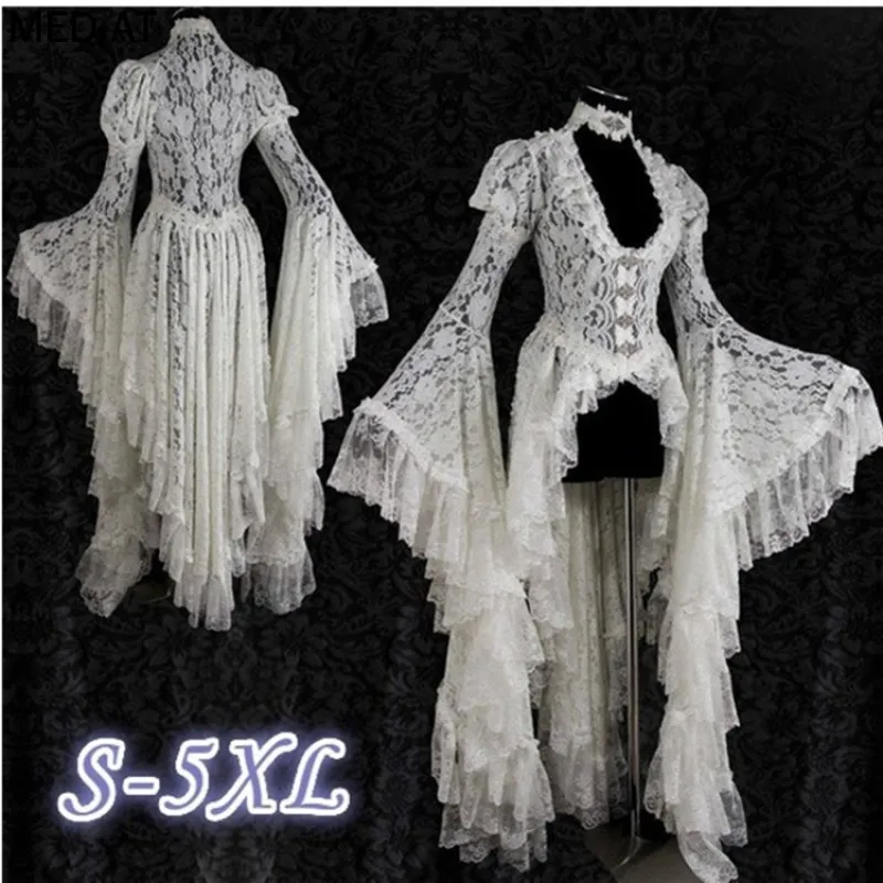 ゴシック女性ホワイトヴィンテージソリッドレースフレアスリーブ - Victorian Women'S Formal Wear のレビューと価格