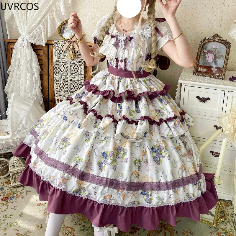 かわいいかわいいブドウプリントフリルリボンプリンセスドレスヴ - Victorian Women'S Formal Wear のレビューと価格