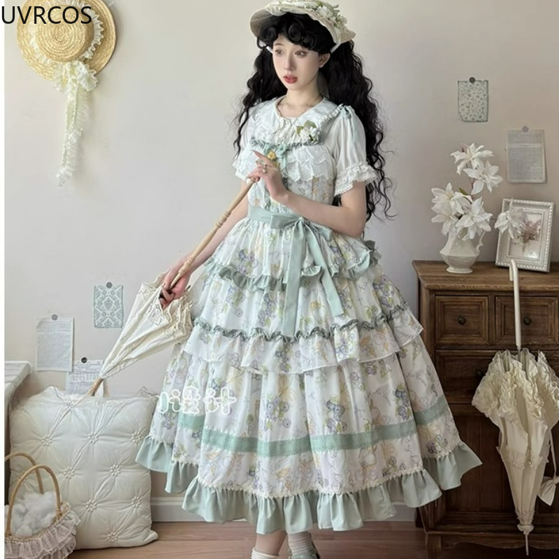 かわいいかわいいブドウプリントフリルリボンプリンセスドレスヴ - Victorian Women'S Formal Wear のレビューと価格