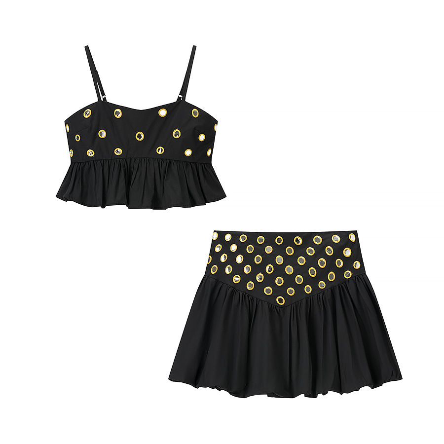 女性のメタル中空プリーツサスペンダースカート 2 点セットセ - Shift Dress Sleeveless のレビューと価格