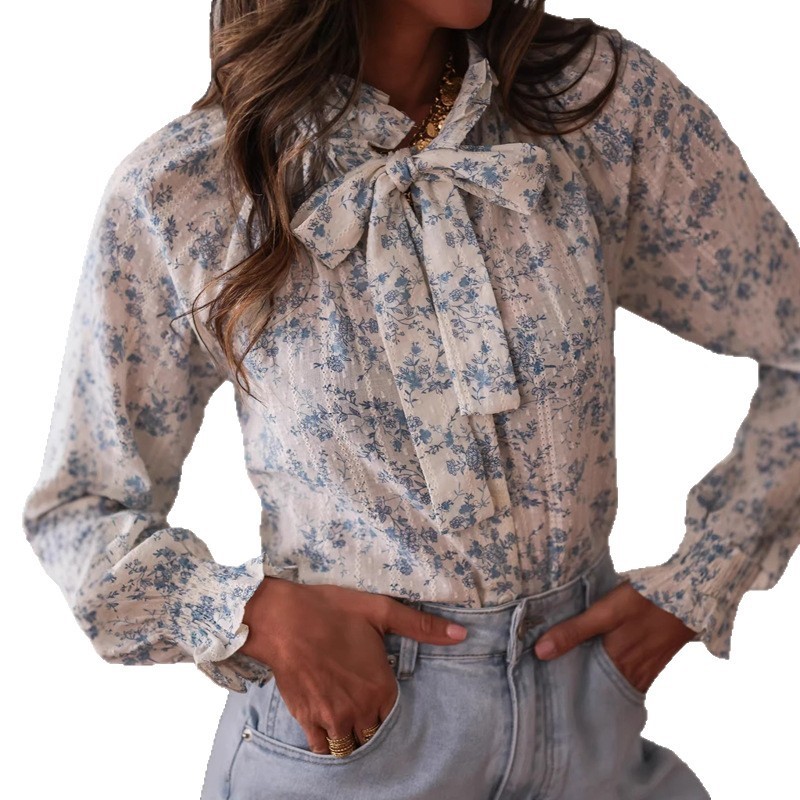 婦人服ボウファッションプリント花柄ネクタイ長袖トップ婦人夏の - Women Formal Office Wear Tops のレビューと価格